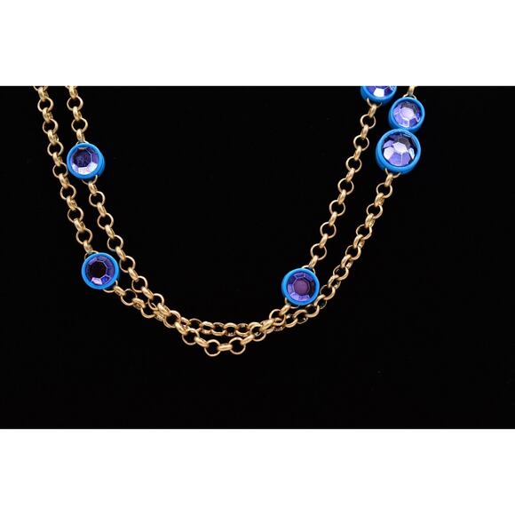 Coldwater Creek Necklace Blue Purple Crystal Rhinestone Chain Gold Signed 9J - Picture 1 of 12